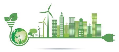 ecologie en milieuconcept Het aardesymbool met groene bladeren rond steden helpt de wereld met milieuvriendelijke ideeën vector