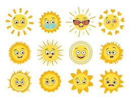 zon pictogrammen instellen met verschillende emoties medische masker en bril geïsoleerd op witte achtergrond symbool lente en zomer