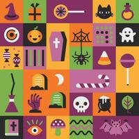 halloween elementen vlak set. vector verzameling met pompoen, spin, kat, schedel, snoep, geest. naadloos patroon.
