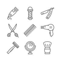 kapperszaak lijn icoon set. uitrusting voor scheren en kapsel. schaar, scheermes, haarborstel, spiegel, vlak teken. vector