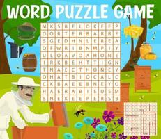 bijenteelt en bijenstal woord zoeken puzzel quiz spel vector