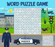 politie, wet of politieagent, woord zoeken puzzel spel vector