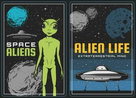 retro poster met buitenaards wezen en ufo ruimteschip in ruimte vector