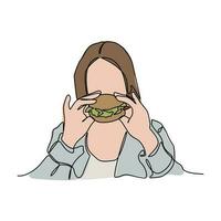 een doorlopend lijn tekening van een mensen aan het eten een hamburger. voedsel illustratie in gemakkelijk lineair stijl. voedsel ontwerp concept vector illustratie