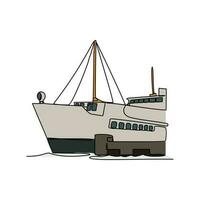 een doorlopend lijn tekening van voertuig komt binnen naar de schip. zee voertuig in gemakkelijk lineair stijl. vervoer ontwerp concept vector illustratie