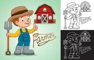 vector tekenfilm van weinig jongen boer Holding landbouw vork met rood schuur