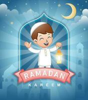 schattig tekenfilm moslim kinderen Holding lantaarn Bij Ramadan nacht vector