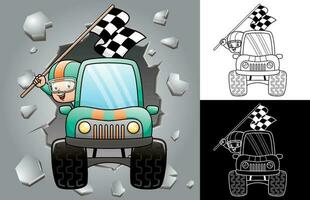 vector tekenfilm van een jongen Holding af hebben vlag Aan ras vrachtwagen. kleur boek of bladzijde