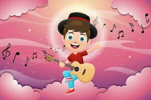 tekenfilm van jongen zittend Aan wolken terwijl spelen gitaar Aan lucht tafereel achtergrond vector