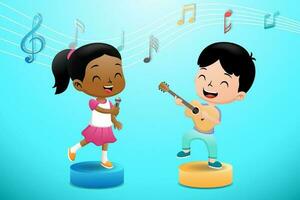 schattig weinig jongen en meisje spelen gitaar en het zingen Aan stadium vector