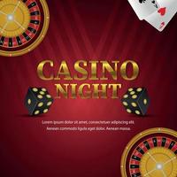 casino night party achtergrond met gouden tekst met roulettewiel en speelkaarten vector