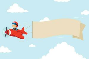 schattig piloot vliegend Aan wijnoogst rood vliegtuig met spandoek. vlak vector illustratie