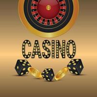 casino gokspel met realistische illustratie van het gouden muntstuk van het roulettewiel en gouden en zwarte dobbelstenen vector