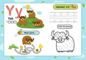 alfabet letter y-yak oefening met cartoon woordenschat illustratie, vector