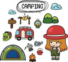 illustratie geïsoleerd reeks tekenfilm camping met kind meisje vector