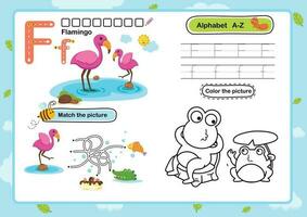 alfabet brief f-flamingo oefening met tekenfilm woordenschat illustratie, vector