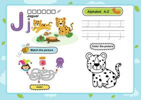 alfabet brief j-jaguar oefening met tekenfilm woordenschat illustratie, vector