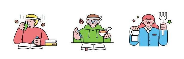 onderwijs. studenten aan het studeren moeilijk en nemen examens. studenten drinken koffie en aan het eten snel voedsel terwijl aan het studeren. talisman voor passeren. vector