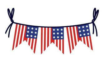 slinger voor juli 4e onafhankelijkheid dag van Amerika. Verenigde Staten van Amerika vlag met sterren en strepen. nationaal vakantie decoratie hangende Aan een touw. patriottisch teken geïsoleerd Aan wit. vlak clip art voor kaarten, afdrukken, web vector