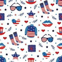 Amerika onafhankelijkheid dag naadloos vector patroon. symbool van vrijheid - Verenigde Staten van Amerika vlag trui, sokken, zonnebril, top hoed, ster, kus van vrijheid. patriot teken, nationaal vakantie. vlak tekenfilm achtergrond