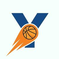 brief y basketbal logo concept met in beweging basketbal icoon. mand bal logotype symbool vector