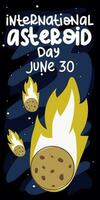 vector illustratie voor Internationale asteroïde dag. asteroïden haasten door ruimte Aan een blauw achtergrond met sterren in de achtergrond, net zo een banier, een folder voor de vakantie. juni 30. vetrisch