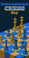 Internationale schaak dag met een schaakbord en schaak stukken. een spel van blauw en geel schaken. vector illustratie van een schaak bord in de spel. gekleurde tegenstanders. banier afdrukken, ansichtkaarten in verticaal