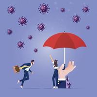 bescherming van het coronavirus-concept. zakenvrouw leider staat veilig bij grote paraplu vector