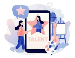 talent concept. getalenteerd klein vrouw in groot ster Aan smartphone scherm. super ster. Open uw potentieel. modern vlak tekenfilm stijl. vector illustratie Aan wit achtergrond