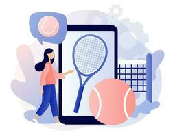 tennis rechtbank, tennis rackets en ballen. sport club in smartphone app. groep werkzaamheid, opleiding. kampioenschap en toernooi. modern vlak tekenfilm stijl. vector illustratie Aan wit achtergrond