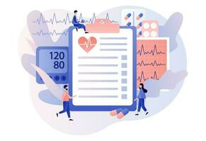 cardiologie behandeling en controle. medisch concept. hart Gezondheid en ziekte. bloed druk, pulse tarief en cholesterol. modern vlak tekenfilm stijl. vector illustratie Aan wit achtergrond