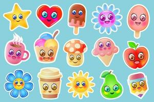 schattig stickers verzameling. grappig stickers met Vrolijk, grappig tekenfilm karakters. schattig bloemen, ijs crèmes, fruit en andere schattig karakters. vector