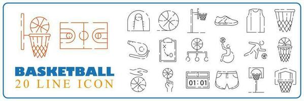 reeks van basketbal verwant vector lijn pictogrammen. omvat zo pictogrammen net zo, basketbal team, hoepel, sport- uniformen, spelen veld, spelers.