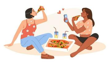 vrouw vriendinnetjes eten pizza samen en nemen afbeeldingen. het beste vrienden. tiener- meisjes van verschillend rassen. tekenfilm vlak vector illustratie