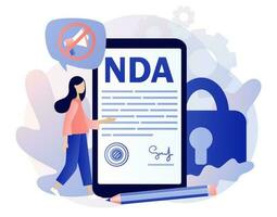 nda contract. niet openbaarmaking overeenkomst. klein vrouw teken vertrouwelijkheid overeenkomst document in smartphone app. zakelijke geheim bescherming. modern vlak tekenfilm stijl. vector illustratie