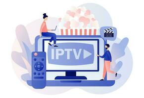 iptv online in laptop. klein mensen kijk maar digitaal media TV stroom. internet protocol televisie. slim multimedia technologie. modern vlak tekenfilm stijl. vector illustratie Aan wit achtergrond