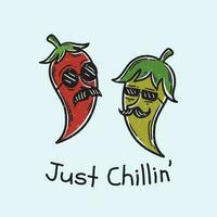 wijnoogst illustratie alleen maar chillen chili paprika's woordspeling poster vector