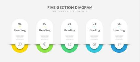 veelkleurig horizontaal sjabloon van vijf sectie diagram met rubriek banners vector