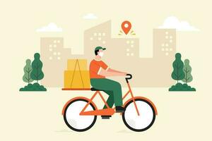 vlak illustratie van koerier met gezicht masker rijden fiets naar leveren pakket dozen. concept van eco vriendelijk levering. vector