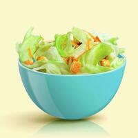 3d illustratie van vers salade in blauw schaal, geïsoleerd Aan licht geel achtergrond vector