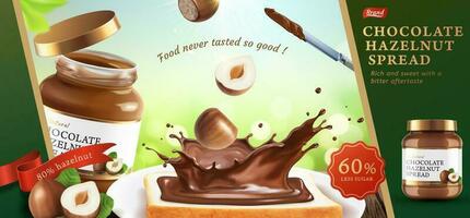 chocola hazelnoot verspreiding advertenties met heerlijk geroosterd brood in 3d illustratie vector