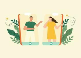 vlak illustratie van Mens en vrouw chatten door online dating app. concept van lang afstand verhouding of dating app. vector