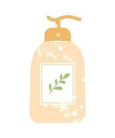 hand- getrokken dispenser fles met bladeren Afdeling voor shampoo of douche gel. concept van natuurlijk biologisch schoonheidsmiddelen en huid zorg routine. vlak tekenfilm vector illustratie