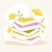 stack van kleurrijk boeken met bloemen en bladeren Aan achtergrond. hand- getrokken vector illustratie in vlak tekenfilm stijl. wereld boek dag. lezing en onderwijs concept