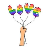 trots lgbt symbolen. hand- houdt ballonnen in de vorm van een woord liefde in regenboog kleuren. ondersteunen liefde vrijheid. vlak vector illustratie.