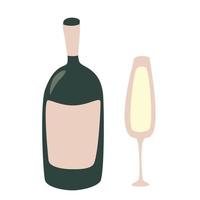 glas champagne en fles. proost. viering. vakantie toast geïsoleerde platte illustratie op een witte achtergrond vector