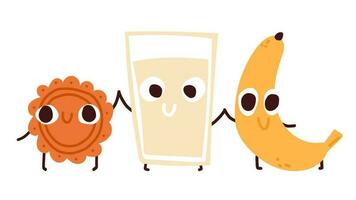 kinderen ontbijt illustratie. grappig schattig koekje, melk en banaan karakters. vector