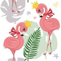 een schattig tekenfilm naadloos patroonkenmerk een roze flamingo vervelend een kroon. prinses vogel. vector