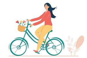 gelukkig meisje retro fiets met bloemen in de mand. vintage illustratie met een romantische sfeer. vector