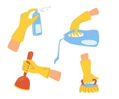 schoonmaakmiddelen in handen. handen met verschillende gereedschappen voor het reinigen. keuken schoonmaken, huis wassen desinfectie apparatuur. vector
